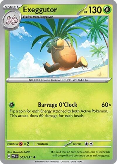 Pokémon card: Exeggutor 003/191 from Surging Sparks (Uncommon), Grass type, front of card