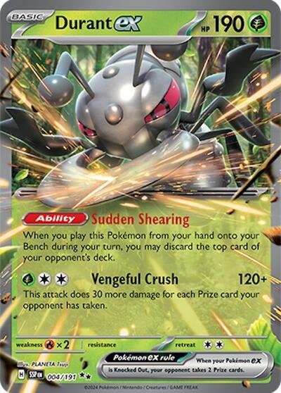 Pokémon card: Durant ex 004/191 from Surging Sparks (Double Rare), Grass type, front of card