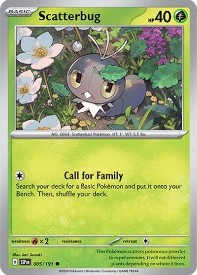 Pokémon card: Scatterbug 005/191 from Surging Sparks (Common), Grass type, front of card