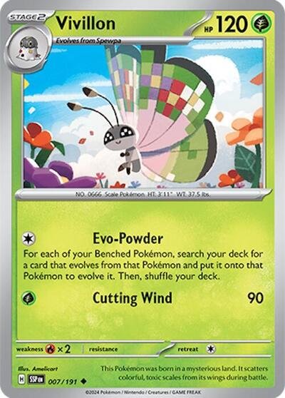 Pokémon card: Vivillon 007/191 from Surging Sparks (Uncommon), Grass type, front of card