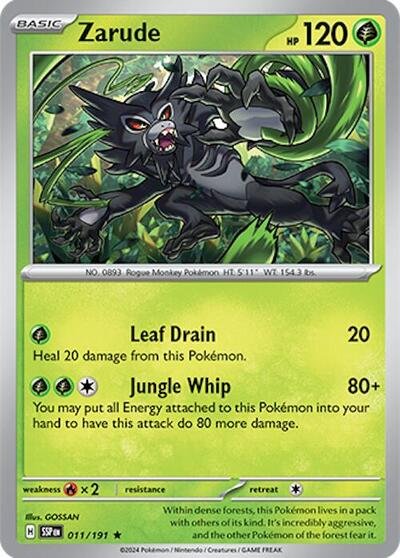 Pokémon card: Zarude 011/191 from Surging Sparks (Rare), Grass type, front of card