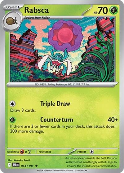 Pokémon card: Rabsca 014/191 from Surging Sparks (Rare), Grass type, front of card