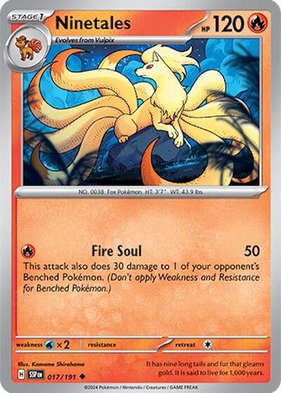 Pokémon card: Ninetales 017/191 from Surging Sparks (Uncommon), Fire type, front of card