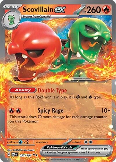 Pokémon card: Scovillain ex 037/191 from Surging Sparks (Double Rare), Fire type, front of card