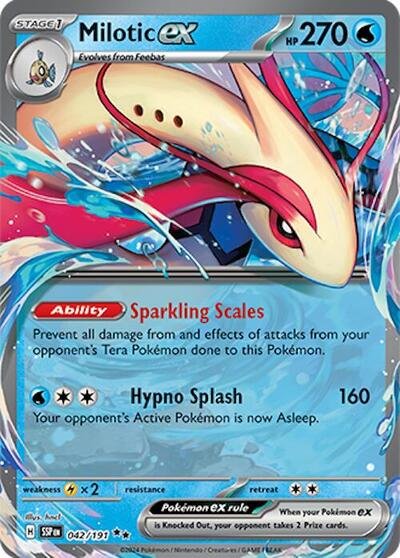 Pokémon card: Milotic ex 042/191 from Surging Sparks (Double Rare), Water type, front of card