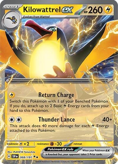 Pokémon card: Kilowattrel ex 068/191 from Surging Sparks (Double Rare), Lightning type, front of card