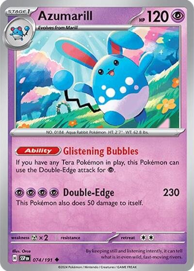 Pokémon card: Azumarill 074/191 from Surging Sparks (Uncommon), Psychic type, front of card