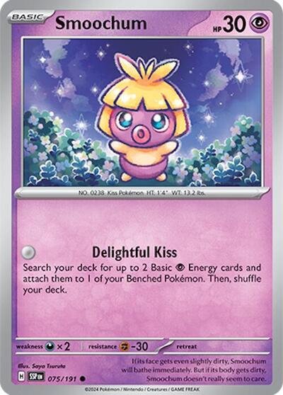 Pokémon card: Smoochum 075/191 from Surging Sparks (Common), Psychic type, front of card