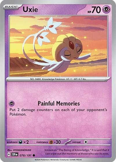 Pokémon card: Uxie 078/191 from Surging Sparks (Common), Psychic type, front of card