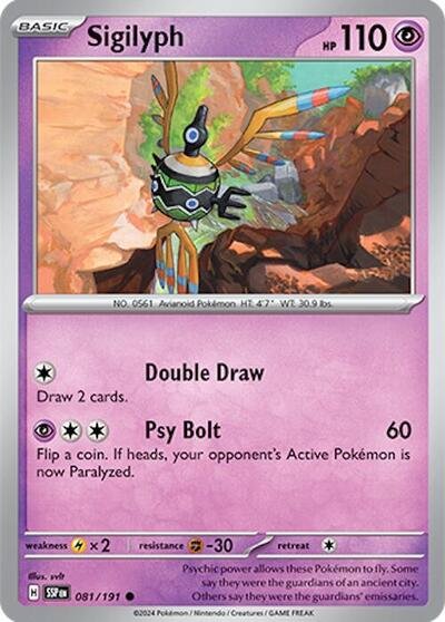 Pokémon card: Sigilyph 081/191 from Surging Sparks (Common), Psychic type, front of card