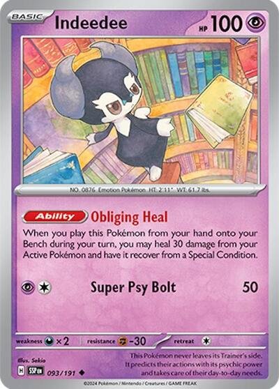 Pokémon card: Indeedee 093/191 from Surging Sparks (Uncommon), Psychic type, front of card