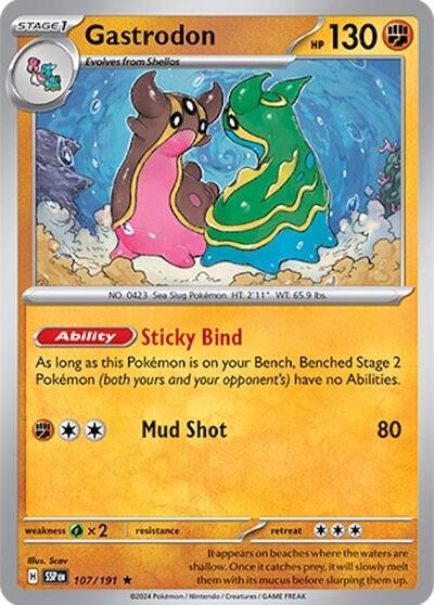 Pokémon card: Gastrodon 107/191 from Surging Sparks (Rare), Fighting type, front of card