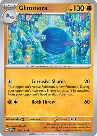 Pokémon card: Glimmora 115/191 from Surging Sparks (Common), Fighting type, front of card