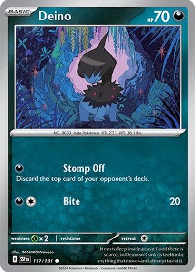 Pokémon card: Deino 117/191 from Surging Sparks (Common), Darkness type, front of card