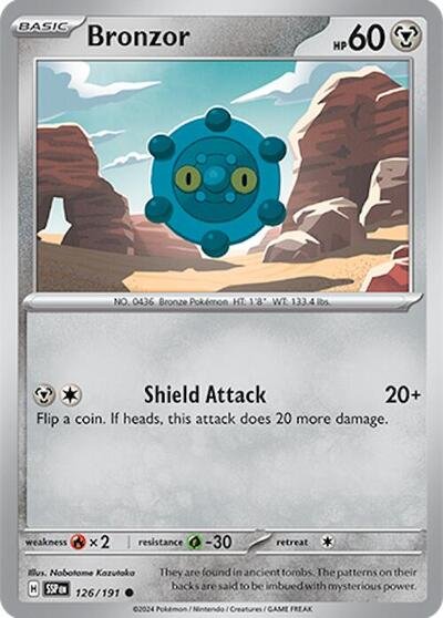 Pokémon card: Bronzor 126/191 from Surging Sparks (Common), Metal type, front of card