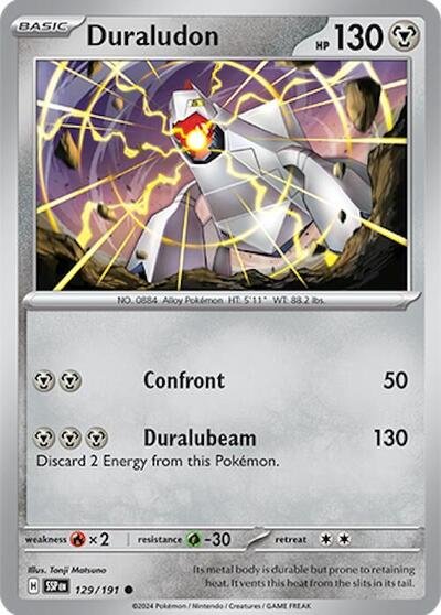 Pokémon card: Duraludon 129/191 from Surging Sparks (Common), Metal type, front of card