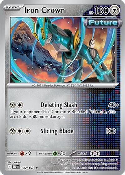 Pokémon card: Iron Crown 132/191 from Surging Sparks (Rare), Metal type, front of card