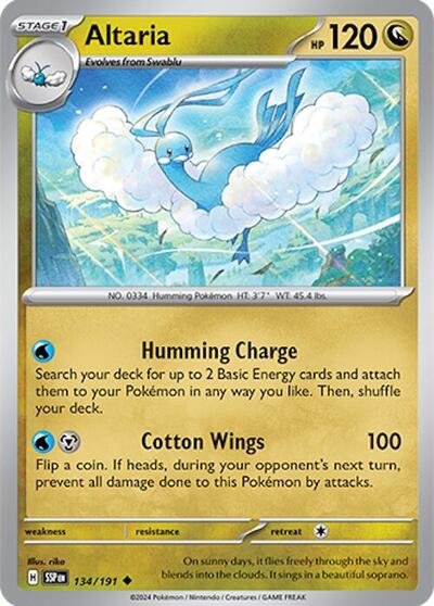 Pokémon card: Altaria 134/191 from Surging Sparks (Uncommon), Dragon type, front of card