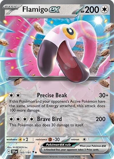 Pokémon card: Flamigo ex 160/191 from Surging Sparks (Double Rare), Colorless type, front of card