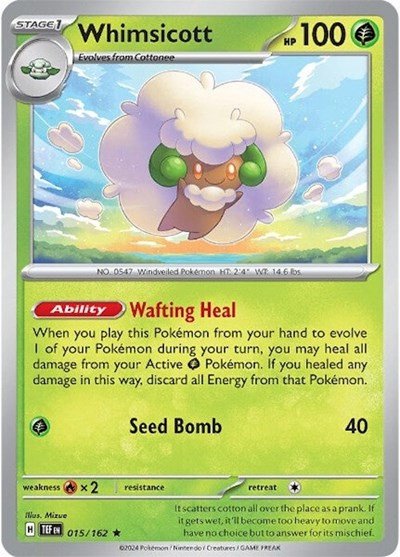 Pokémon card: Whimsicott 015/162 from Temporal Forces (Rare), Grass type, front of card