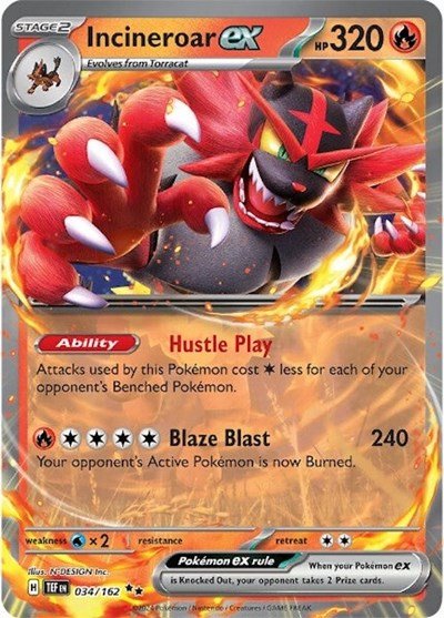 Pokémon card: Incineroar ex 034/162 from Temporal Forces (Double Rare), Fire type, front of card