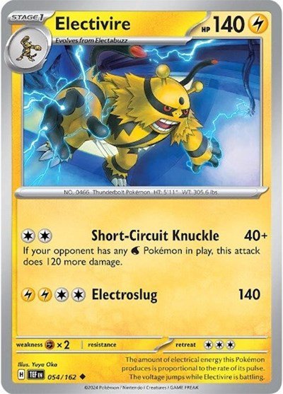 Pokémon card: Electivire 054/162 from Temporal Forces (Uncommon), Lightning type, front of card