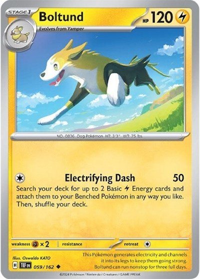 Pokémon card: Boltund 059/162 from Temporal Forces (Uncommon), Lightning type, front of card