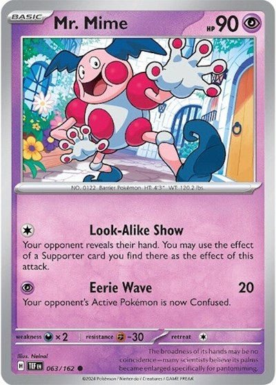 Pokémon card: Mr. Mime 063/162 from Temporal Forces (Common), Psychic type, front of card