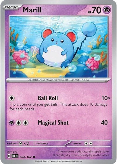 Pokémon card: Marill 064/162 from Temporal Forces (Common), Psychic type, front of card