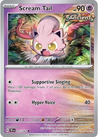 Pokémon card: Scream Tail 077/162 from Temporal Forces (Uncommon), Psychic type, front of card