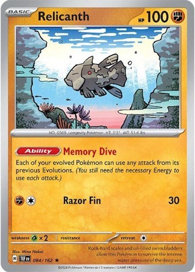 Pokémon card: Relicanth 084/162 from Temporal Forces (Rare), Fighting type, front of card