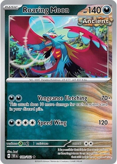 Pokémon card: Roaring Moon 109/162 from Temporal Forces (Rare), Darkness type, front of card