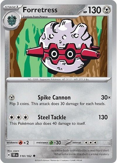 Pokémon card: Forretress 110/162 from Temporal Forces (Uncommon), Metal type, front of card