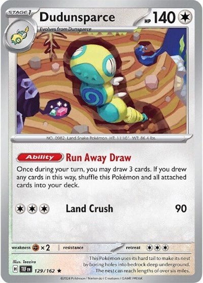 Pokémon card: Dudunsparce 129/162 from Temporal Forces (Rare), Colorless type, front of card