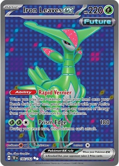 Pokémon card: Iron Leaves ex 186/162 from Temporal Forces (Ultra Rare), Grass type, front of card