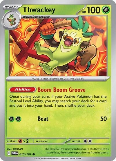 Pokémon card: Thwackey 015/167 from Twilight Masquerade (Common), Grass type, front of card