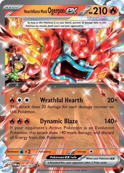 Pokémon card: Hearthflame Mask Ogerpon ex 040/167 from Twilight Masquerade (Double Rare), Fire type, front of card