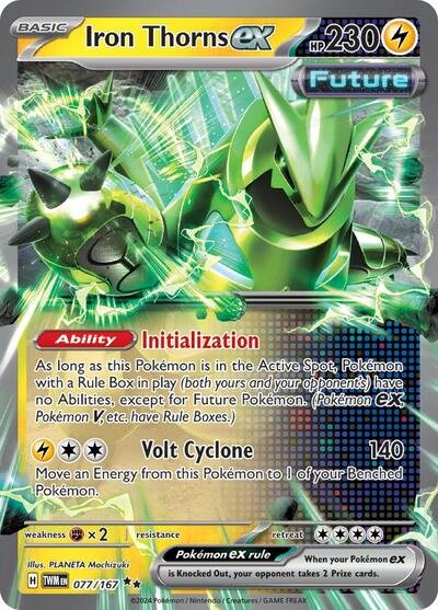 Pokémon card: Iron Thorns ex 077/167 from Twilight Masquerade (Double Rare), Lightning type, front of card