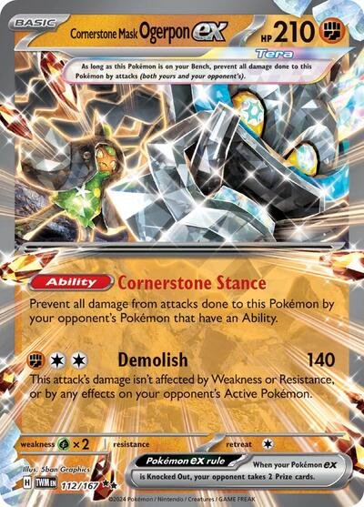 Pokémon card: Cornerstone Mask Ogerpon ex 112/167 from Twilight Masquerade (Double Rare), Fighting type, front of card
