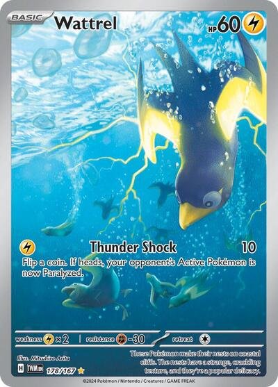 Pokémon card: Wattrel 178/167 from Twilight Masquerade (Illustration Rare), Lightning type, front of card