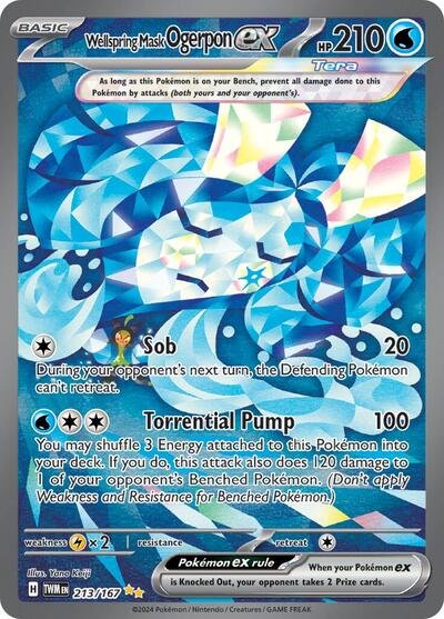 Pokémon card: Wellspring Mask Ogerpon ex 213/167 from Twilight Masquerade (Special Illustration Rare), Water type, front of card