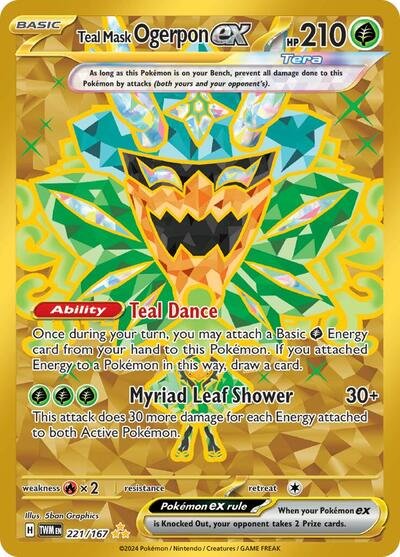 Pokémon card: Teal Mask Ogerpon ex 221/167 from Twilight Masquerade (Hyper Rare), Grass type, front of card