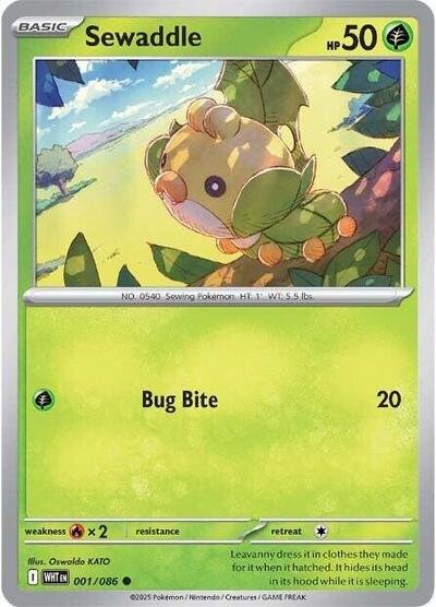 Pokémon card: Sewaddle (Poke Ball Pattern) 001/086 from White Flare (Common), Grass type, front of card