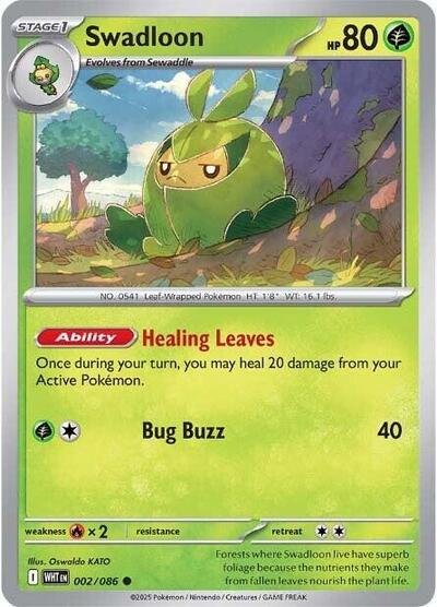 Pokémon card: Swadloon (Poke Ball Pattern) 002/086 from White Flare (Common), Grass type, front of card