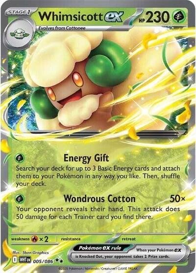 Pokémon card: Whimsicott ex 005/086 from White Flare (Double Rare), Grass type, front of card
