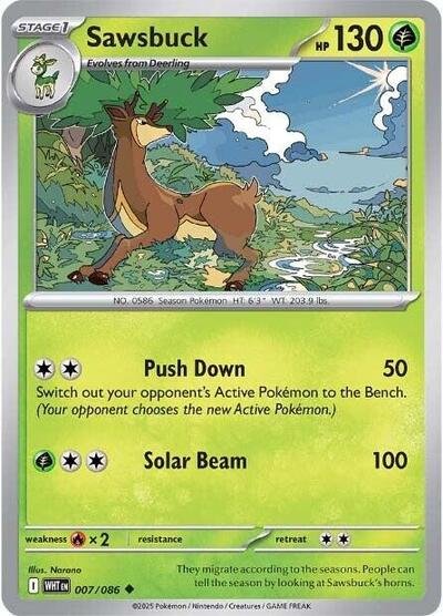 Pokémon card: Sawsbuck (Poke Ball Pattern) 007/086 from White Flare (Uncommon), Grass type, front of card