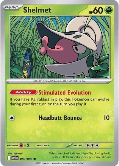 Pokémon card: Shelmet 008/086 from White Flare (Common), Grass type, front of card