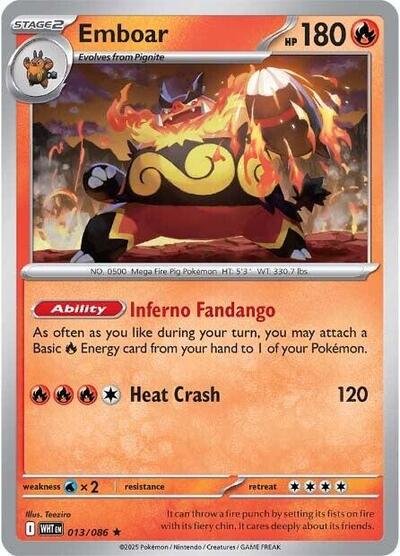 Pokémon card: Emboar (Poke Ball Pattern) 013/086 from White Flare (Rare), Fire type, front of card