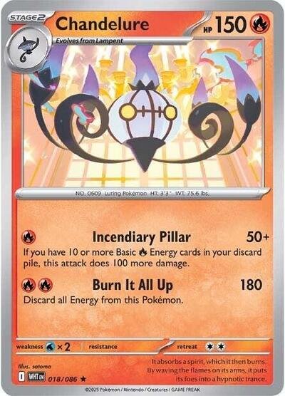 Pokémon card: Chandelure 018/086 from White Flare (Rare), Fire type, front of card