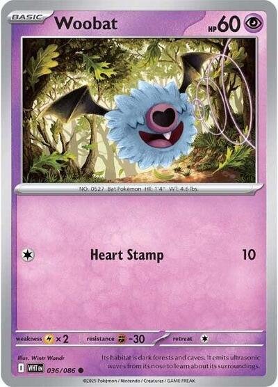 Pokémon card: Woobat (Poke Ball Pattern) 036/086 from White Flare (Common), Psychic type, front of card